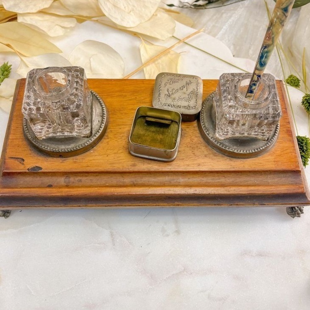 Antique Wooden Double Inkwell - Picture 4 of 5